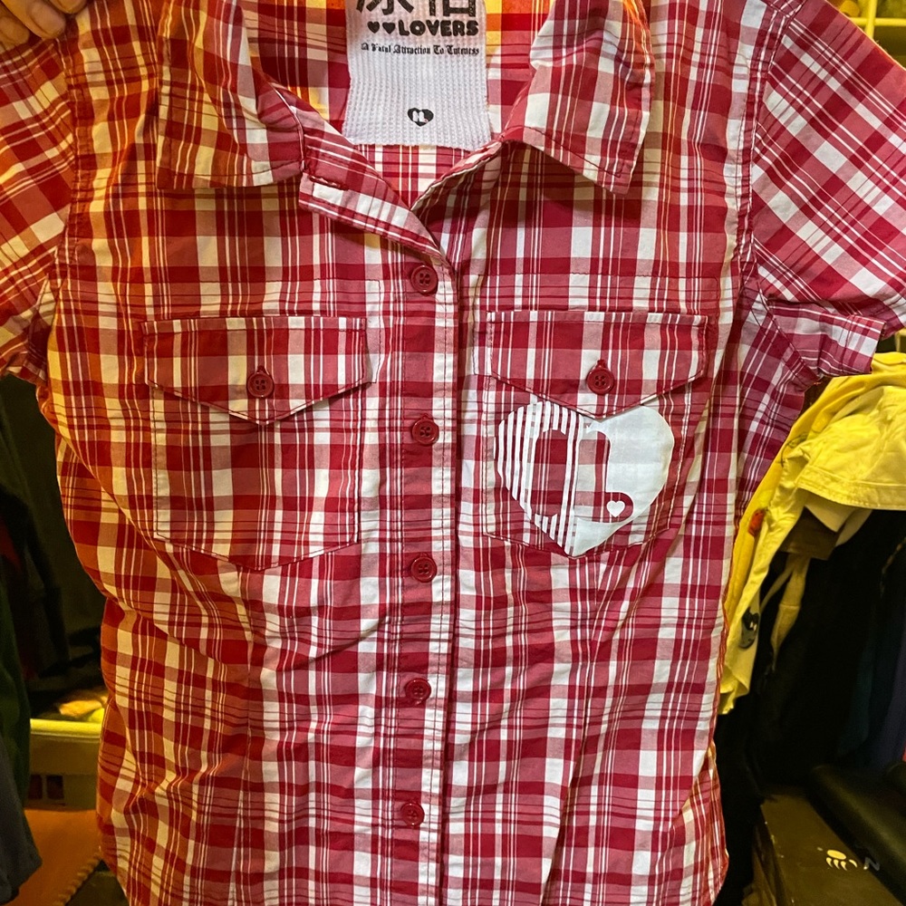 Harajuku Lovers Button Down Shirt Size S Red Plaid